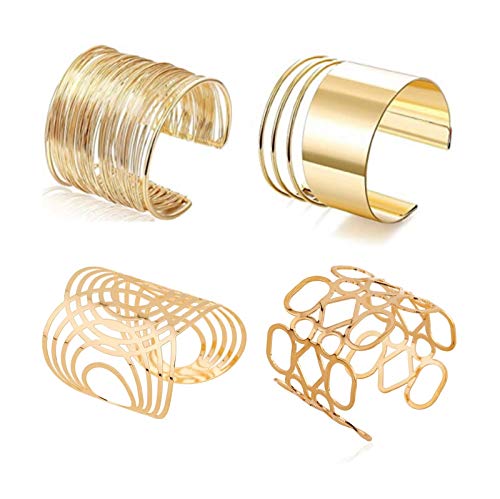 4 Pcs Cuff Bangle Bracelets Set Smooth Open Wide Wire Bracelets Gold Silver Hollow Wrist Cuff Wrap Bracelet Charm Grooved Adjustable Armband Bracelets Jewelry Set - Gold