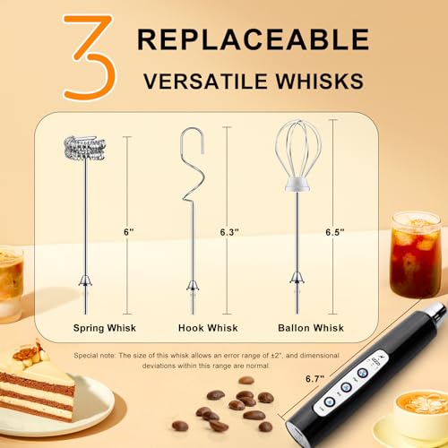 Image of YUSWKO Handheld Milk Frother Wand for Coffee, Rechargeable Electric Whisk with 3 Heads 3 Speeds Drink Mixer Coffee Frother For Latte, Cappuccino, Hot Chocolate, Egg (Without Stand, Light Black)