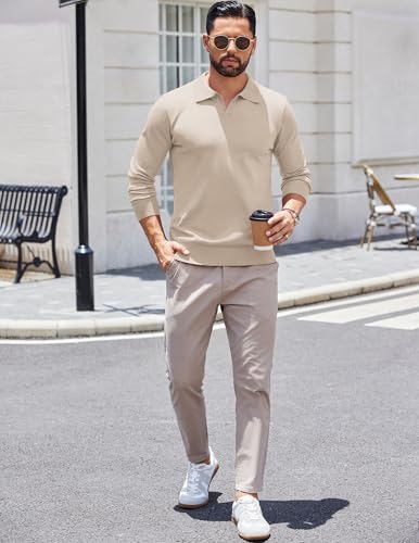 COOFANDY Mens Knitted Long Sleeve Polo Shirts Winter Fall Fashion Polo Sweater Slim Fit Ivory — view 3