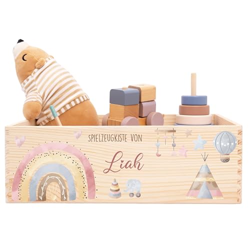 Kidsmood - Spielzeugkiste aus Holz mit Wunschnamen | Aufbewahrungsbox Kinder Spielzeug & Bücher | Praktische Holzkiste als Deko Kinderzimmer oder als Personalisierte Geschenke Baby zur Geburt & Taufe
