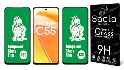 Image of Saola 18D Tempered Glass with Inbuilt AirBag Borders for Realme C55 (Pack of 2) with Free Installation Kit. Full Screen Coverage - 6.72 inch