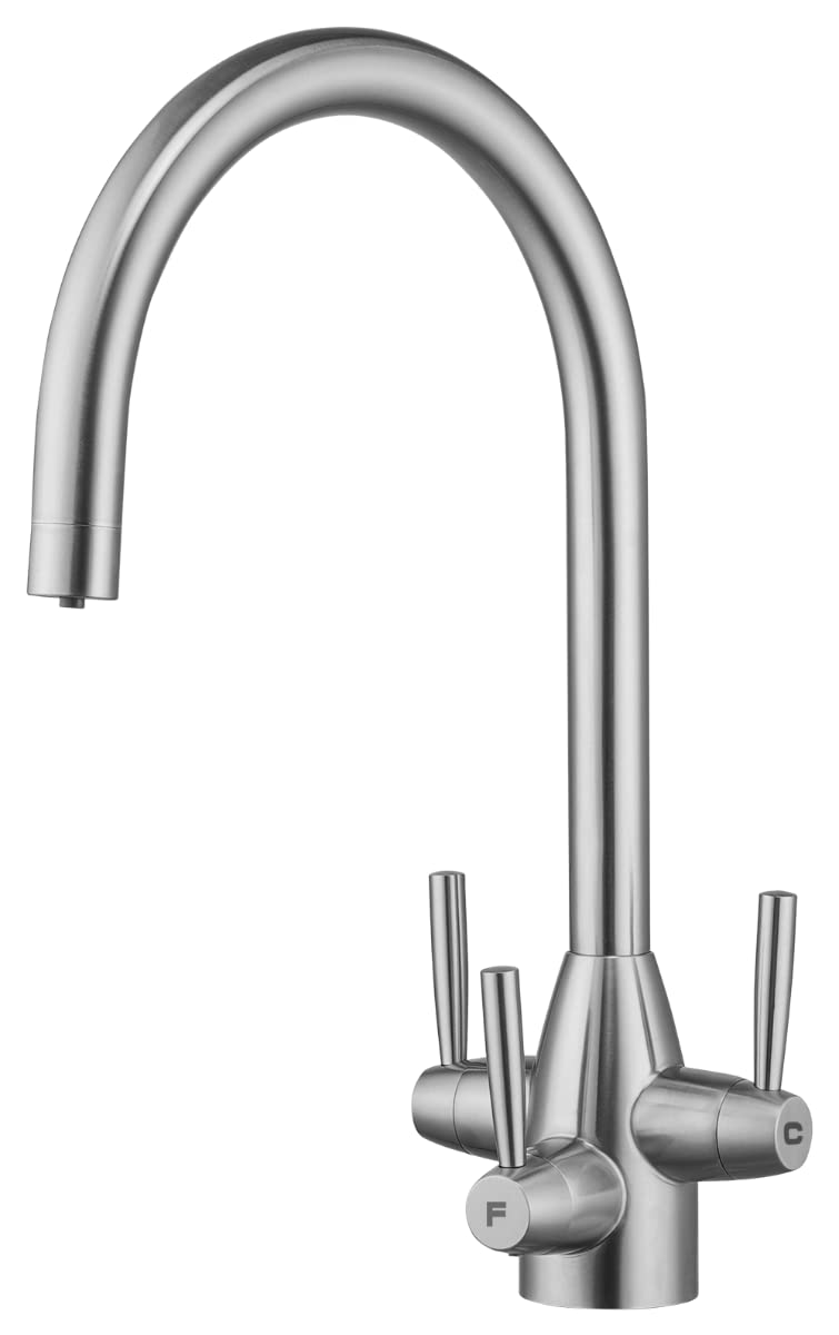 Bali Three-Way / 3 Way / 3 in 1 Monobloc Kitchen Drinking Water Filter/Mixer Brushed Steel 360 Swivel Tap/Faucet with Free Recyclable Fortress System, 3 Handle Design