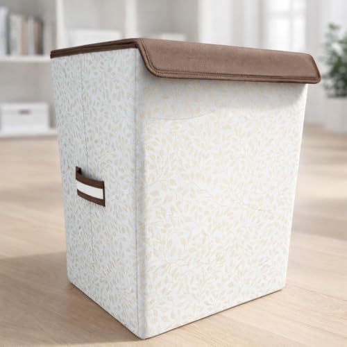 Image of QUAIL 75L Leaf Printed Foldable Laundry Basket with Lid, Beige & Brown Fabric Laundry Hamper with Handles, Dirty Clothes Organizer, Collapsible Storage Bin for Bedroom, Bathroom & Laundry Room