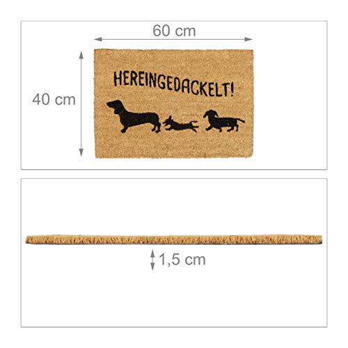 Relaxdays Fußmatte Kokos 'Hereingedackelt', Kokosmatte Hundemotiv, Türmatte Innen & Außen, Türvorleger 40x60 cm, natur, 1 Stück