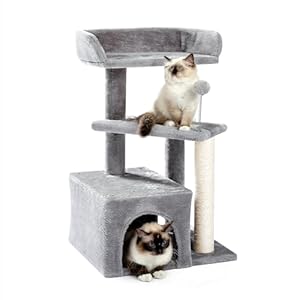 Made4Pets Cat Tree, Carpet Cat Tower Grey for Indoors Cats, Cute Wood Kitty Condo with Scratching Post and Pad, 27″ Multi-Level Modern Activity Climbing Furniture for Small and Medium Cats