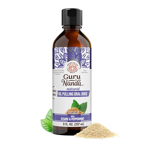 GuruNanda Sesame Mint Oil Pulling Mouthwash for Gentle & Natural Oral Care, Pure Sesame & Mint Extracts, Supports Happy Gums & Oral Hygiene, Alcohol-Free, 8 Oz
