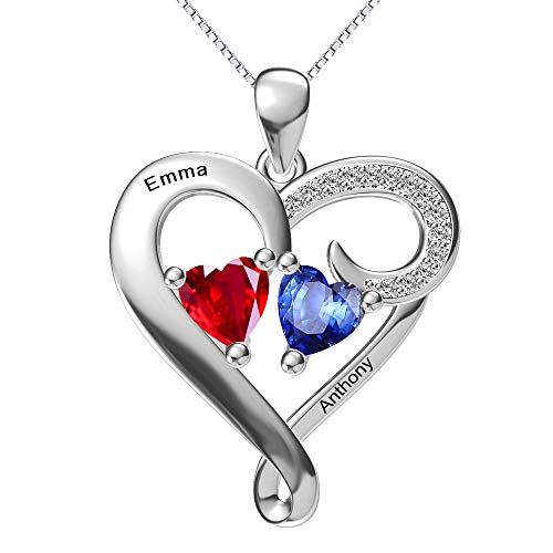 Asiarhyme 2 Custom Name Birthstone Necklace for Women,925 Sterling Silver Necklace for Girlfriend,Heart Shape Copper Necklace for Mother and Kids Name
