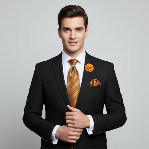 Image of 5PCS Mens Silk Designer Tie, Pocket Square, Cufflinks, Drilled Tie Ring and Lapel Pin Set for Wedding Groom Party
