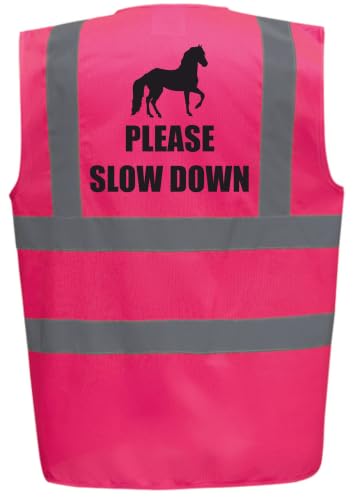 Image of Equestrian PLEASE SLOW DOWN Hi Viz Vis Vest Horse Riding Reflective Waistcoat Jacket Road Safety Visibility Pink Medium