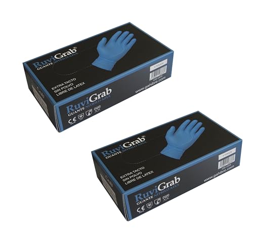 Ruvigrab - Guantes desechables de Nitrilo azul, caja 100 unidades de guantes certificados EN374-5 EN374-1 químicos, libre de látex y sin polvo, Talla M