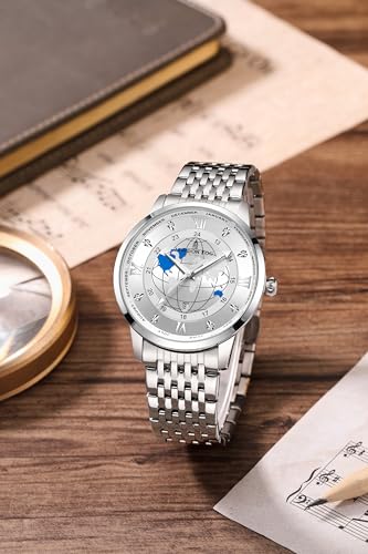 Image of London Fog Baker Collection Analog Quartz Watch for Men, Round World Map Dial with Month Markers & Crystal Accents, Luminous Hands, Stainless Steel Strap - LFM10009