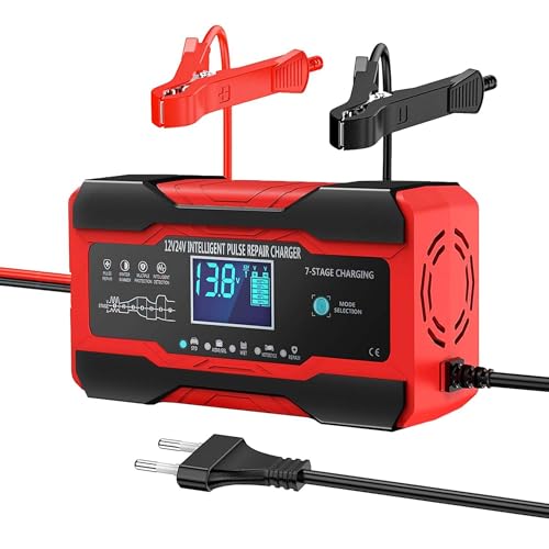 Image of Sounce 10-Amp 12V & 24V Fully Automatic Smart Car Battery Charger: Battery Maintainer, Trickle Charger & Desulfator with Intelligent LCD Display, Advanced Repair Mode - Compatible with AGM, Gel, SLA