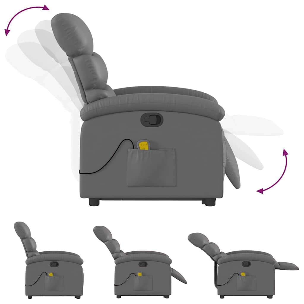 Sillón elevador reclinable con masaje de 6 puntos, color gris, piel sintética, función elevación eléctrica y vibración, estructura estable de madera y metal, bolsillo lateral
