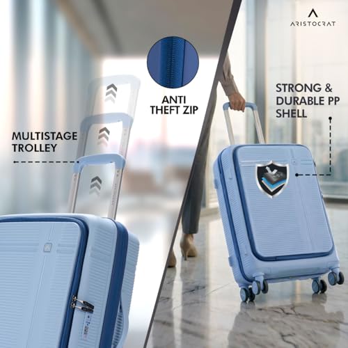 Image of Aristocrat Solana Check-in Trolley Bag 65cm | Medium | Hard Luggage | 8-Wheel Suitcase with Front Opening for Business Travel | TSA Lock with Anti-Theft Zipper | 3 Years International Warranty (Blue)