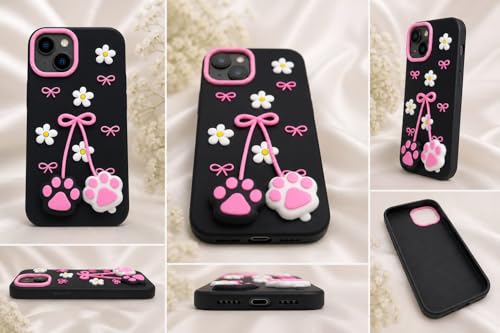 Image of for iPhone 15 Soft Silicone Phone case Features 3D Cartoon Flower and cat paw Claw Designe | Full Camara Protection | Super Soft-Touch |Shock Proof Back Cover for iPhone 15 (Black)