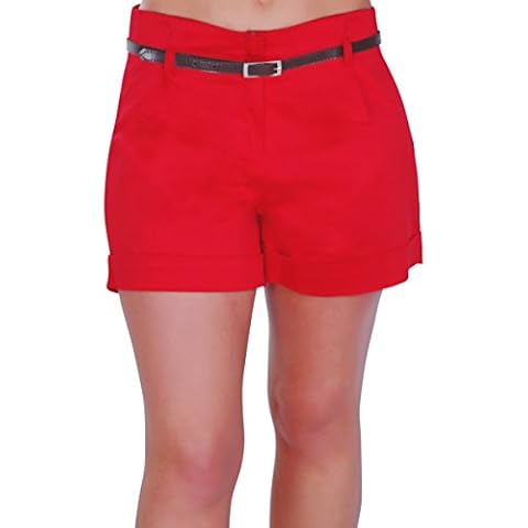 Eyecatch - Cuba Ladies Belted Shorts Womens Smart Turn Up Hot Pants (red, Size 18) Cover