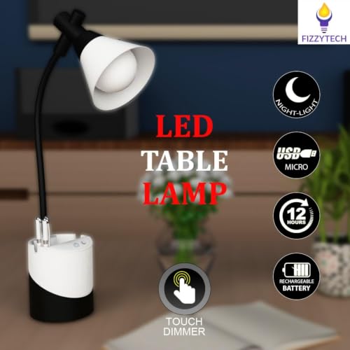 Image of fizzytech 360 Flexible LED Desk Lamp with Mini Fan, Pen Holder & Mobile Stand - Touch Control Adjustable Desk Light for Reading, Studying, Office & Home Use (White & Black)