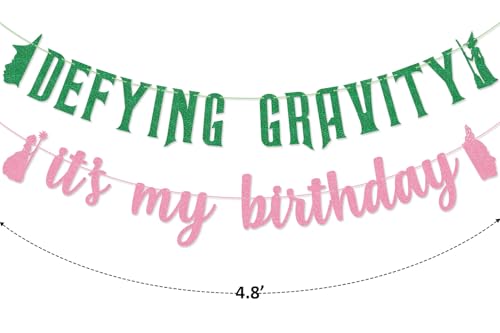 Image of Defying Gravity It's My Birthday Banner for Witch Birthday Party Pink and Green Party Decorations