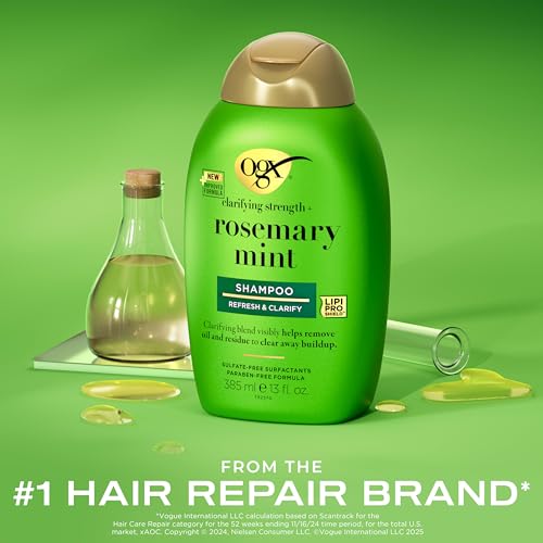 OGX Clarifying Strength + Rosemary Mint Shampoo, Clarifying Shampoo for Oily Hair Visibly Helps Remove Oil & Residue to Clear Away Buildup, Sulfate-Free Surfactants, 13 fl. oz (Pack of 2)