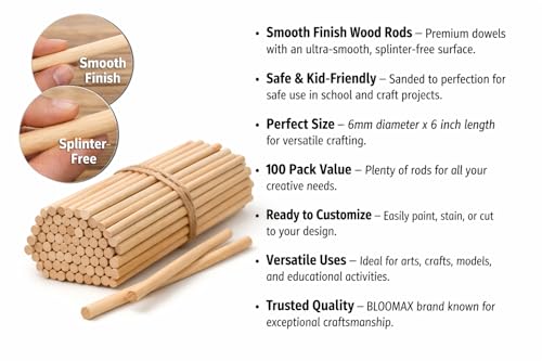 Image of BLOOMAX 6mm x 6 Inch Wooden Dowel Rods - 100 Pcs | Unfinished Natural Hardwood Round Craft Sticks | Smooth Small Wood Rods for DIY Arts, Crafts, Models & School Projects | Made in India