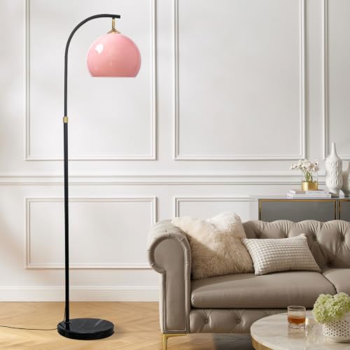 Image of Pink Arc Floor Lamp with Natural Marble Base, Mid Century Modern | Pink Glass Globe, Adjustable Height, E26 3-Color Temperatures Bulb, Foot Switch, Black Pole For Living Room, Bedroom, Office