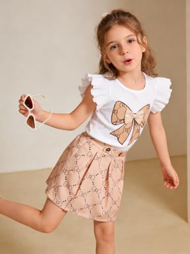 Image of Azmxynol Toddler Girls Clothes Cap Sleeve T-Shirt + Bowknot Print 2pcs Summer Shorts Outfit Set For Girls, Size 4-8 Years