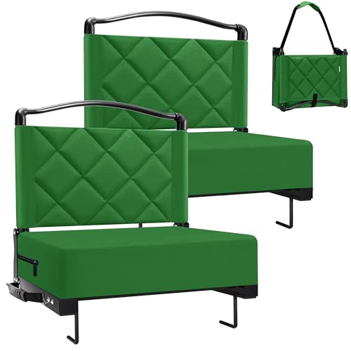 Kaganoon Stadium Seats with Back Support Cushion, Folding Stadium Seats for Bleachers Hold up 400lbs, Wide Bleacher Seat with Shoulder Strap & Handle Comfort for Sports Events (Green, 2pcs)