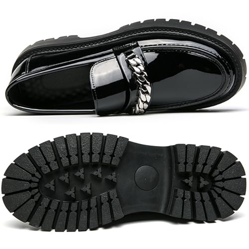 Men's Dress Loafers Fashion Patent Leather Chunky Heel Tuxedo Shoes with Chain Decor,Lug Sole Platform Non-Slip Comfort Slip-On Business Loafer Shoes for Work Office4
