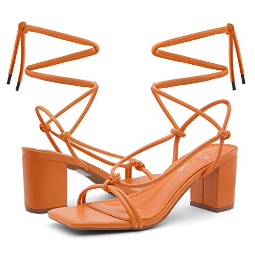 Shoe Land Sl-Sweets Women's Square Toe Lace Up Party Shoes Stacked Heeled Sandals Orange 8.0 #TOP7
