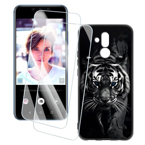 OAGELIM 2 Piezas Protector de Pantalla + Funda Compatible con Huawei Mate 20 Lite (6.3 Pulgada) Funda Impresión Artística Personalizada y Cristal Templado (Tigre)