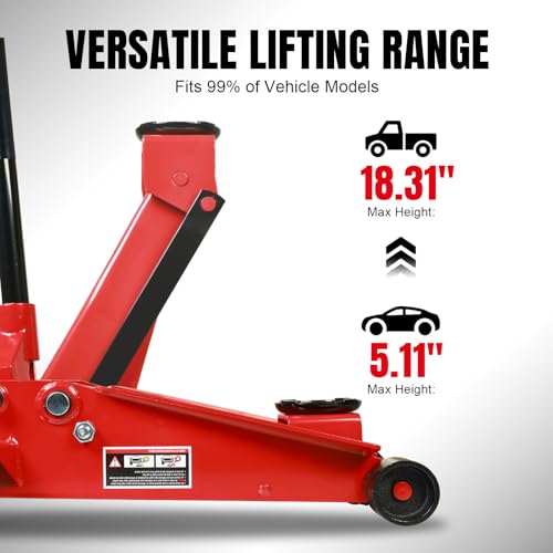 Image of Heavy Duty Hydraulic Car Floor Jack with Quick Lift Pump for All Terrain Vehicles, 3 Ton Capacity, Red