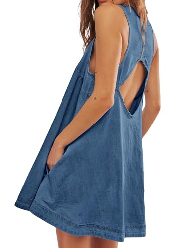 Image of utcoco Women's 2026 Summer Sleeveless Denim Mini Dress Back Cut Out A Line Swing Jean Tank Dress