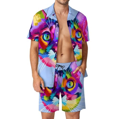 Chemise Hawaïenne Homme Chat Coloré : ensemble de plage aux finitions soignées S