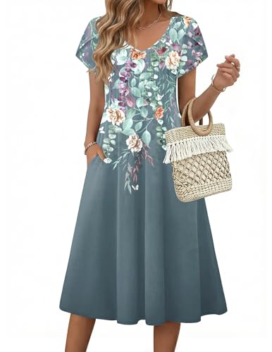 Zeagoo Womens Floral Midi Dress Casual Summer Dresses 2026 Ladies Long Flowy Dress Soft Cotton Dress Aline Sundress Green Blue M