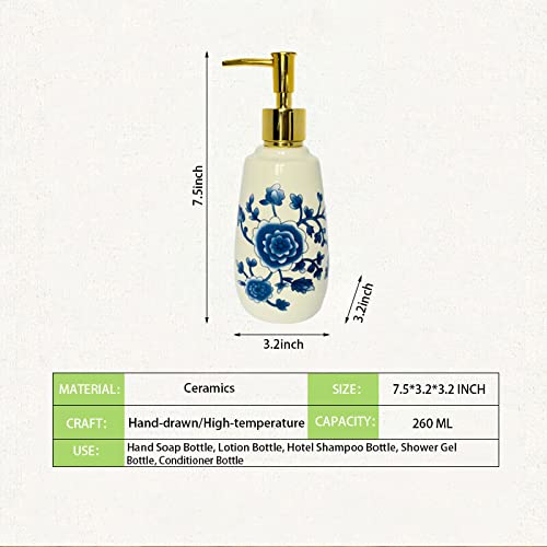 Vintage Ceramic Soap Dispenser For Bathroom Kitchen,Simple Painted Blue Flower Plant White Porcelain Hotel Home Decor,Empty Bottle Liquid Soap Dish Hand With Quick Press Pump #TOP6
