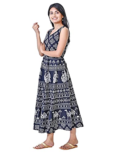 Image of Women's Cotton Printed Traditional Long Midi Maxi Kurti /One Piece Dress (Black Camel, Free Size)