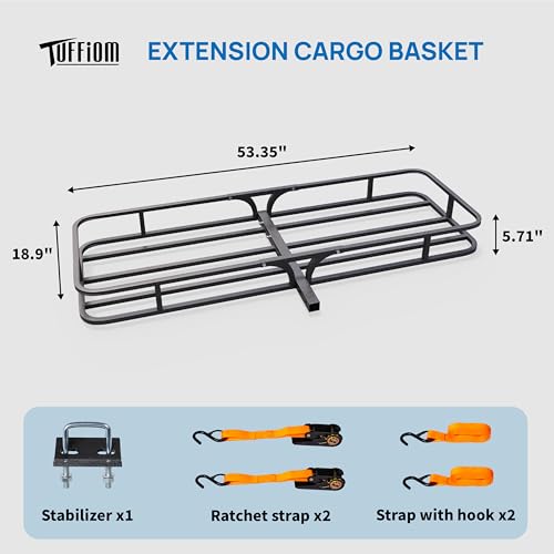TUFFIOM 54\"x19\"x5.5\" Hitch Mount Cargo Carrier Basket, 500lbs Steel Car Cargo Trailer Hitch Luggage Rack with Straps & Stabilizer for SUV Car Truck Van with 2\" Hitch Receiver