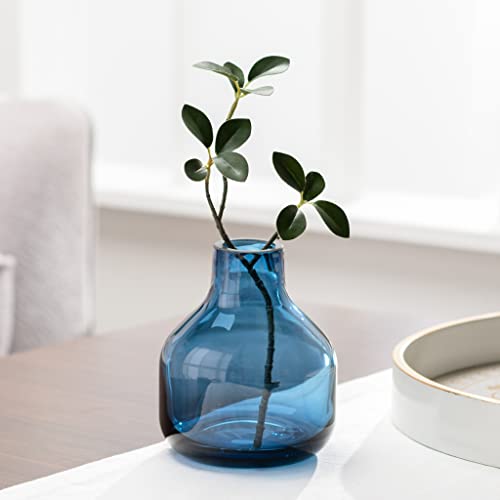 Torre & Tagus Solid Color Round Art Glass Vase for Flowers - 5" Tall Unique Flower Vase, Clear Handmade Bottle Vase for Modern Home Decor, Bud Vase as Decorative Shelf Decor or Wedding Gift, Blue - Image 4