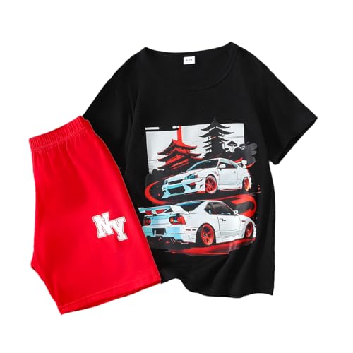 LPHGFZA Boys Clothes 2-Piece Summer Outfit Car Print T-Shirt & Letter Print Shorts for Kids Clothing Set 6-12Y