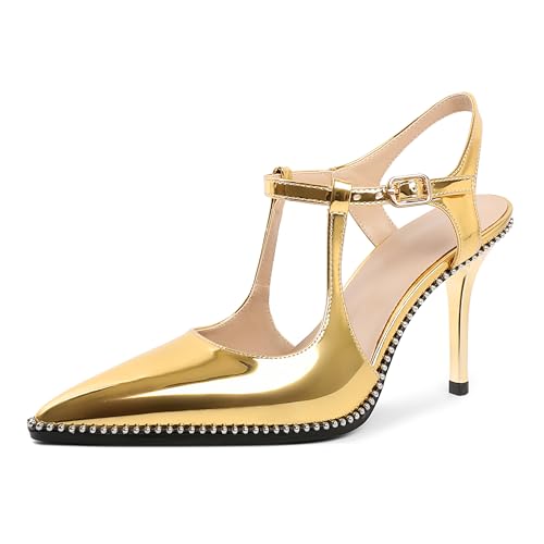 Image of SAMMITOP Womens High Heels Ankle Strap Pointed Toe Stilettos Patent Leather Beaded Pumps Dress Shoes 3.5 Inch