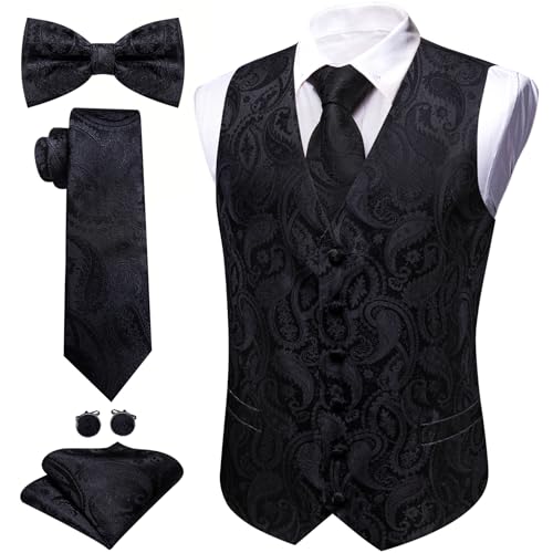 Image of Barry.Wang Men's Suit Vest Tie Bowtie Set Formal Silk Paisley Waistcoat Hanky Cufflinks Lapel Pin Set Wedding Party 7PCS