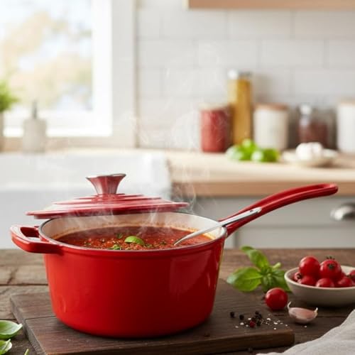 Image of The Better Home Rustic Series Grill Pan Cast Iron | Enamel Coated Cast-Iron Non Stick Pan with Silicon Sleeve | Gas & Induction Cookware with Long Ergonomic Handle | Saucepan with Lid (Red)