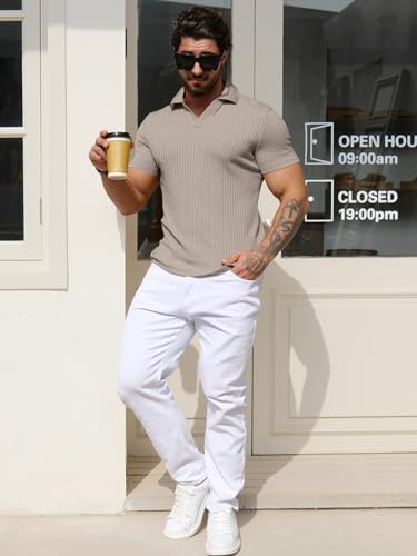 YTD Men's Muscle V Neck Polo Shirts Slim Fit Solid Short Sleeve Golf T-Shirts Ribbed Knit Soft Tees2