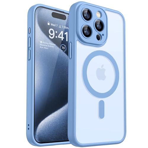 Image of CANSHN Magnetic Compatible with iPhone 15 Pro Case, Upgraded [Full Camera Protection] [Compatible with Magsafe] [Translucent Matte] Shockproof Protective Phone Case Cover 6.1 Inch - Light Blue