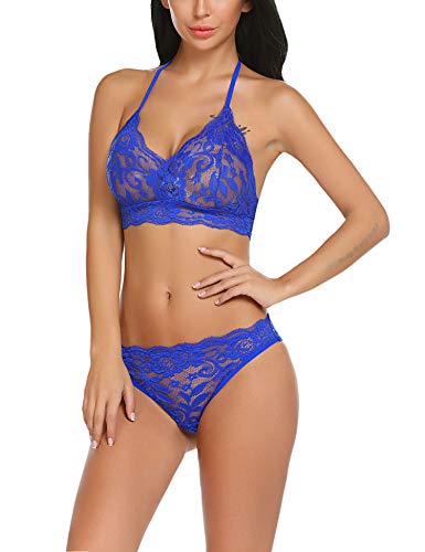 Meaneor_Fashion_Origin Damen Neckholder Dessous Set Sexy Bikini Halter Spitze BH Lingerie Unterwäsche Nachthemd Negligee String Reizwäschee Dunkelrot XL