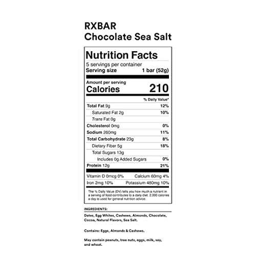 RXBAR Protein Bars, 12g Protein, Gluten Free Snacks, Chocolate Sea Salt, 9.15oz (5 Bars)
