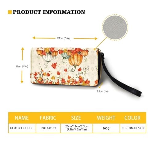 Fall Long Wallet for Women Pumpkin Maple Leaf Print Large Capacity Travel Shopping Money Wallet with Wristlet Strap Card Holder Organizer Metal Zipper Long Purse for Cash,Coin,Bill3