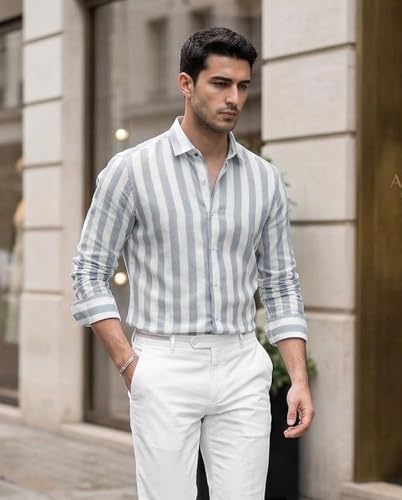 Image of IndoPrimo Men's Striped Cotton Shirt | Slim Fit Stylish Casual Shirt for Man | Full Sleeve Summer Wear Vertical Stripe Shirt for Office, Vacation