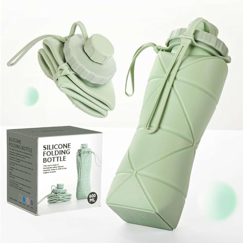 Image of SILENCIO Silicone Water Bottle 600 ml | Foldable Leak Proof Travel Bottle | BPA Free Reusable Drinking Bottle for Gym, Trekking, Camping & Outdoor Use (GREEN)