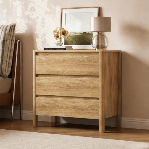 Image of Furniway 3 Piece Bedroom Set, 6 Drawer Dresser and Nightstands, Natural Oak